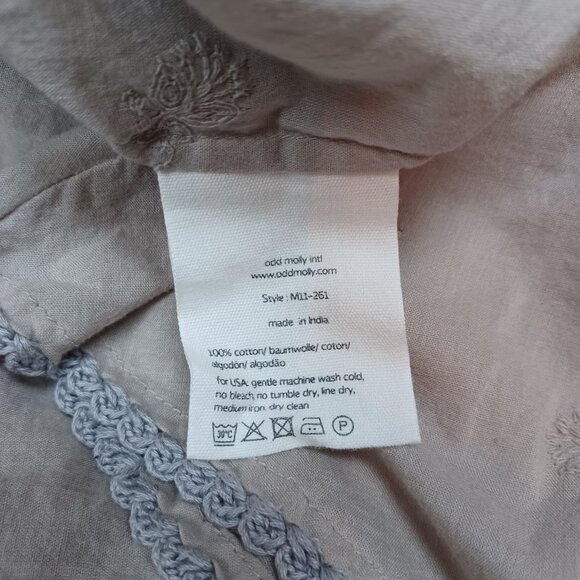 Odd Molly Top Gray Embroidered Boho Peasant Style Cotton Blouse Size Small - Picture 10 of 11